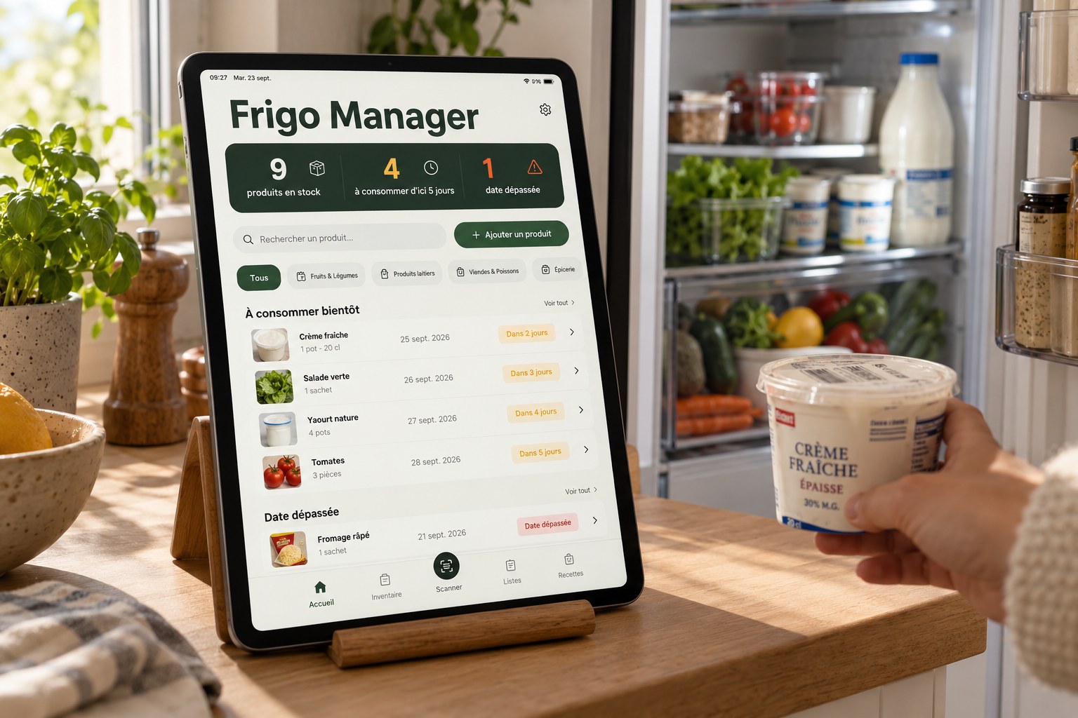 Tablette affichant l'application Frigo Manager sur un plan de travail, devant un réfrigérateur ouvert